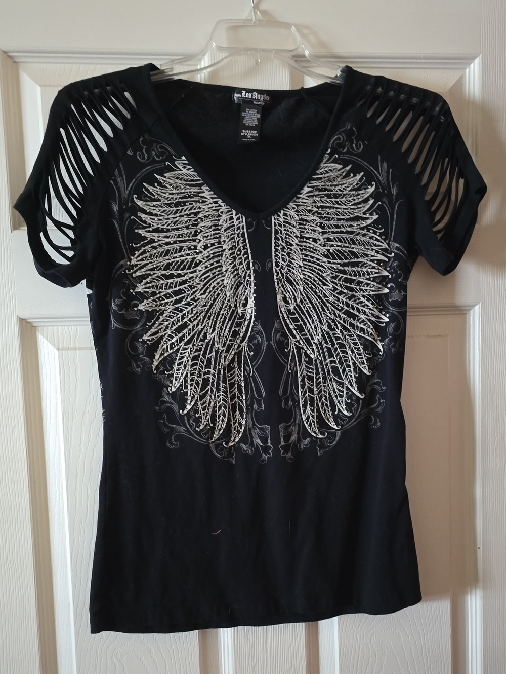 Los Angeles Bus Stop Black Tee with White Wing Graphic and Slashed Sleeves